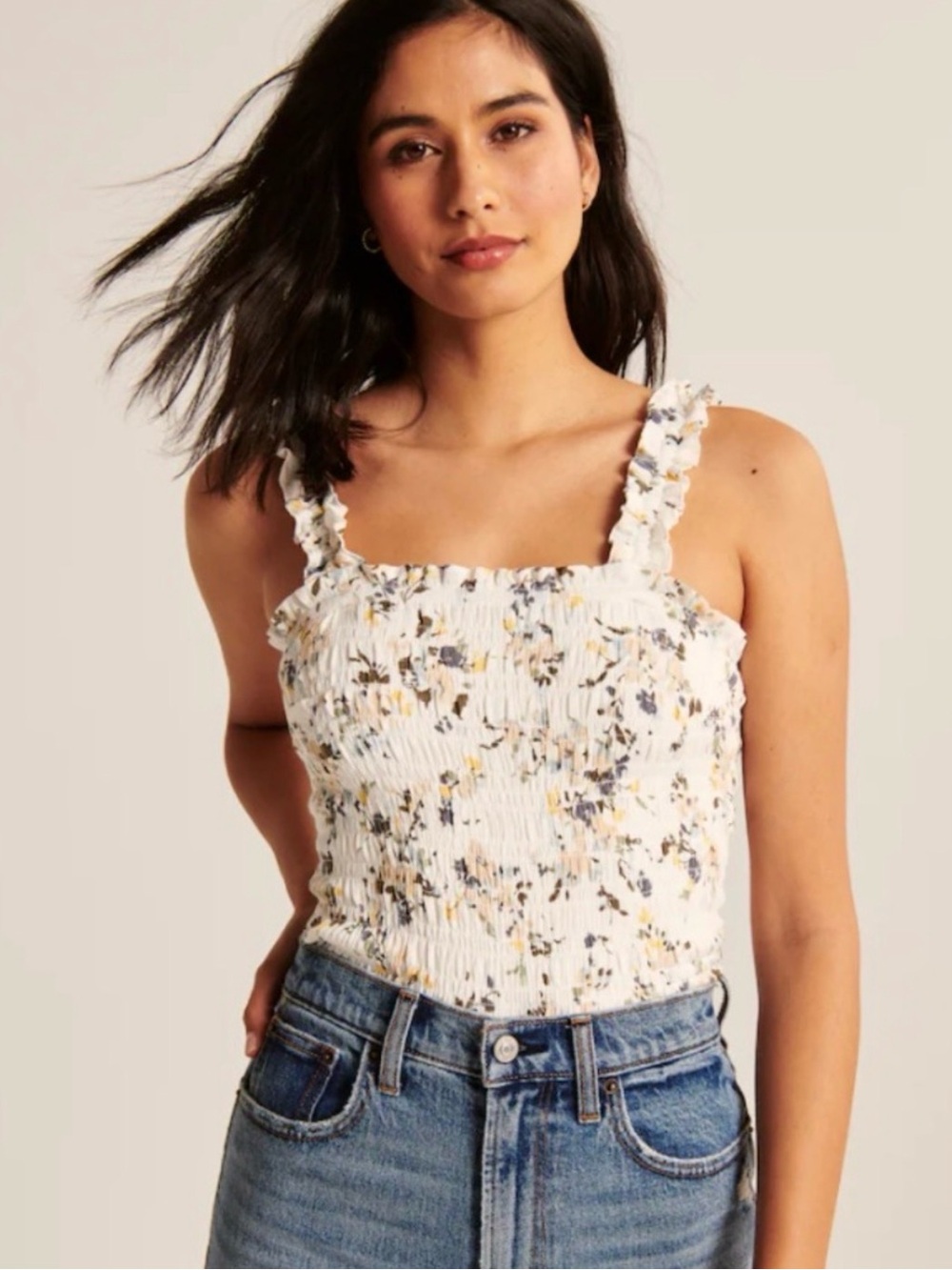 Abercrombie & Fitch White Smocked Floral Ruffle Strap Tank
